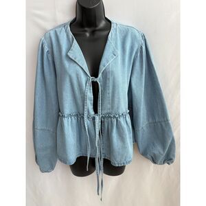 Brunch Babe Blue Denim Chambray Top Size L Ruffle Hem Tie Front Y2K Long Sleeve